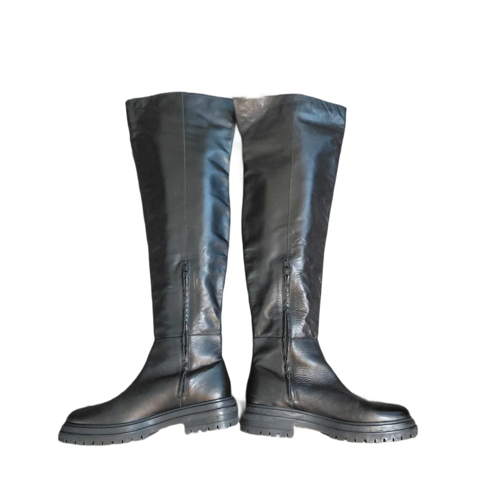 Tony Bianco Black Over-the-Knee Leather Lug-Sole Boots Women's Size 9
